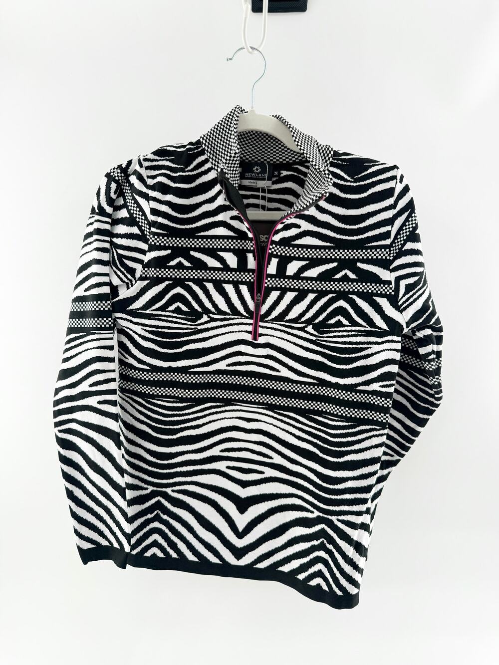 Newland Zebra Long Sleeve Half Zip Pullover Ski Sweater White Black Womens M